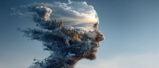 Surreal digital art blending a human profile with a forest and cloudy sky, symbolizing nature and the mind"s connection.