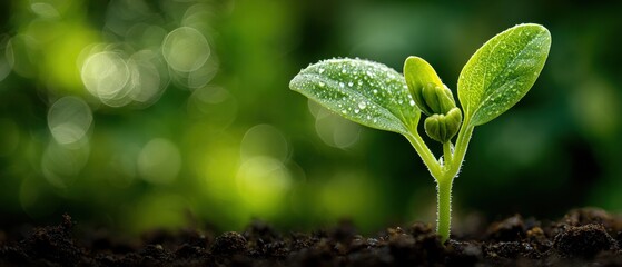 A small green seedling with dew drops grows from dark soil against a blurred green background with circular light reflections.