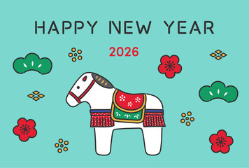 2026年　午年の年賀状イラストデザイン　張り子の馬