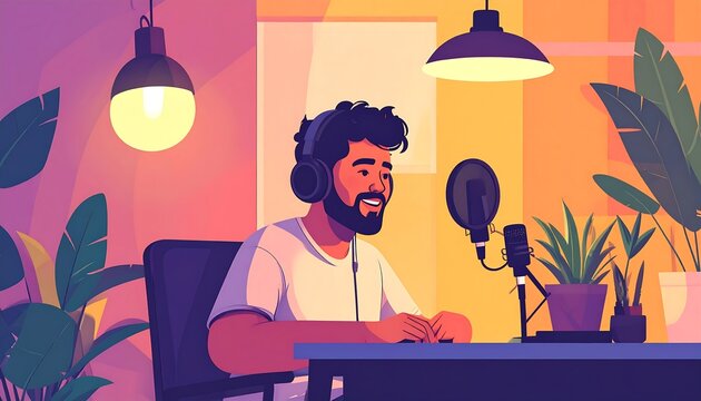 Flat Vector Illustration, Person Recording Podcast, Home Studio, Cozy Lighting