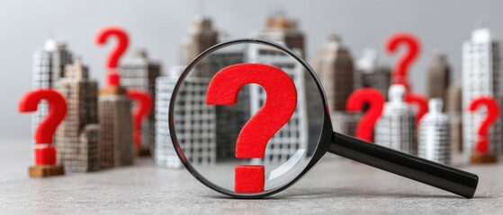 A magnifying glass focuses on a large red question mark among smaller question marks and buildings, symbolizing inquiry and search for answers in an urban context.