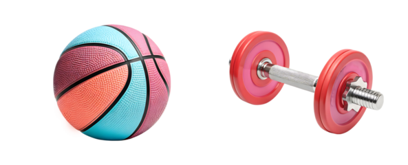 Fitness and sport equipment bundle, png: colorful basketball and dumbbell on transparent background