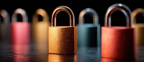 A close-up of a golden padlock in focus with several blurred padlocks in the background on a reflective surface.