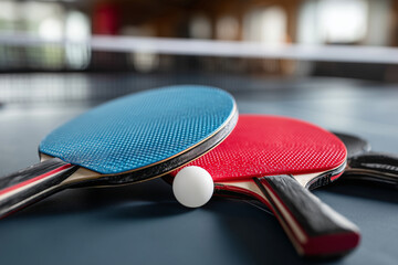 Two table tennis rackets and a table tennis ball