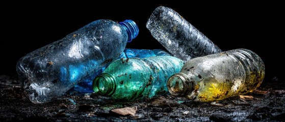 A close-up of several used plastic bottles lying on the ground, highlighting pollution and waste against a dark background.