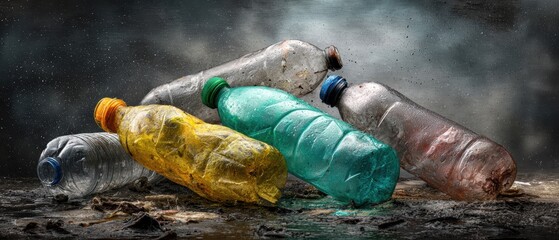 Five discarded plastic bottles of various colors lie on the ground amidst dirt and debris, highlighting pollution and waste in a natural setting.