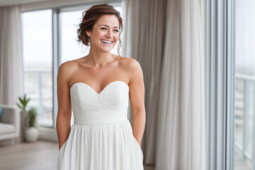 Fototapeta premium Bride in ivory dress standing near window with sheer curtains, soft light flooding in, elegant minimal interior, 