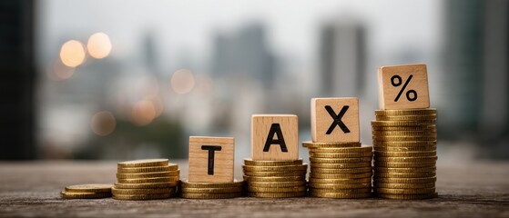 Stacks of coins with wooden blocks spelling "TAX%" represent financial growth and taxation, set against a blurred cityscape background.