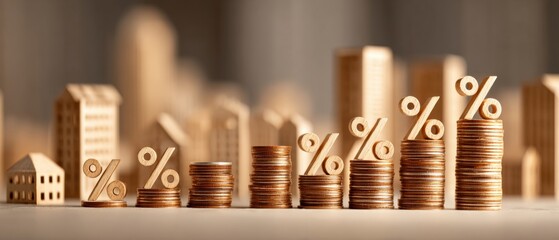Rows of stacked coins with percentage symbols on top, increasing in height, symbolizing financial growth and investment in an urban setting.