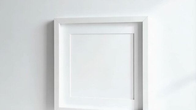 Empty white square picture frame hanging on a bright white wall with natural light and shadows, modern minimalist design