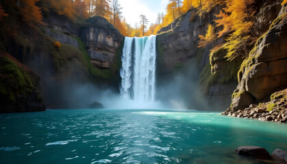 Experience the natural beauty of a cascading waterfall flowing through a vibrant green forest landscape with majestic rocks