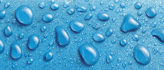 Close-up of blue surface covered with variously sized water droplets reflecting light.