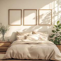 Cozy bedroom with beige bedding, wooden nightstand, indoor plants, and sunlight casting shadows on wall
