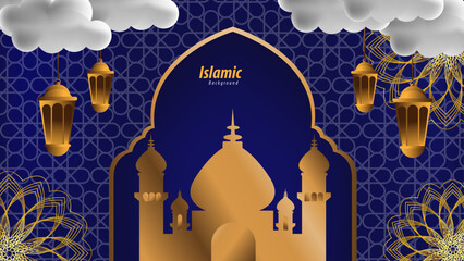 Islamic Background Featuring Golden Mosque Green Patterns and Crescent Moon