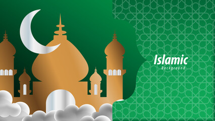 Islamic Background Featuring Golden Mosque Green Patterns and Crescent Moon
