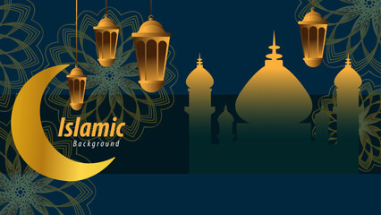 Islamic Background Featuring Golden Mosque Green Patterns and Crescent Moon