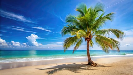 Fototapeta premium Stunning Beach Photography: Palm Trees, Summer Sea, Sunny Day, Tropical Paradise, Coastal Vacation