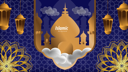 Islamic Background Featuring Golden Mosque Green Patterns and Crescent Moon