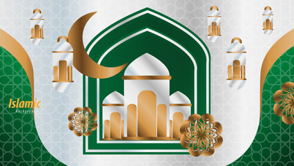 Elegant Islamic Background with Gold Lanterns and Green Floral Decorations