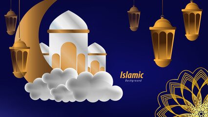 Elegant Islamic Background with Gold Lanterns and Green Floral Decorations