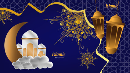 Islamic Background Featuring Golden Mosque Green Patterns and Crescent Moon
