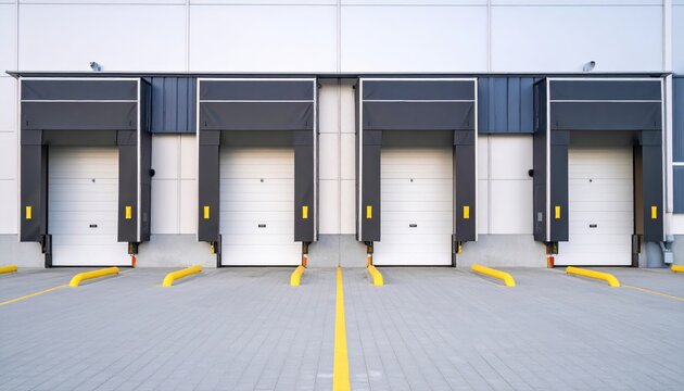 Four closed loading dock doors with yellow safety barriers in a modern industrial warehouse environment.