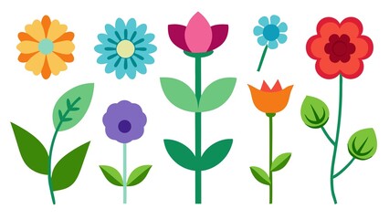 Collection of Colorful and Simple Flower Illustrations with Geometric Shapes on a White Background for Graphic Design