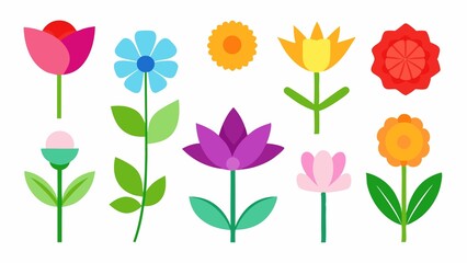 Collection of Colorful Geometric Flowers on White Background for Spring and Summer Designs