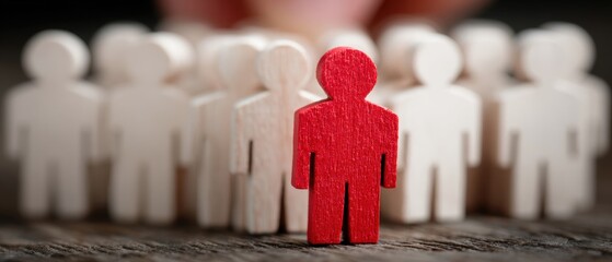 A red wooden figure stands out among a group of white wooden figures, symbolizing uniqueness and individuality.