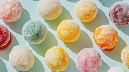 Colorful frozen spheres arranged in rows on a pale teal background, casting diagonal shadows from overhead light.  The spheres show variations in color and texture, suggesting different fruit flavors