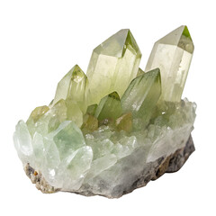 Olive quartz crystal cluster isolated on transparent background, PNG file