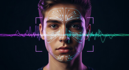 Young Man With Facial Recognition Overlay And Digital Data Visualization Against A Dark Background