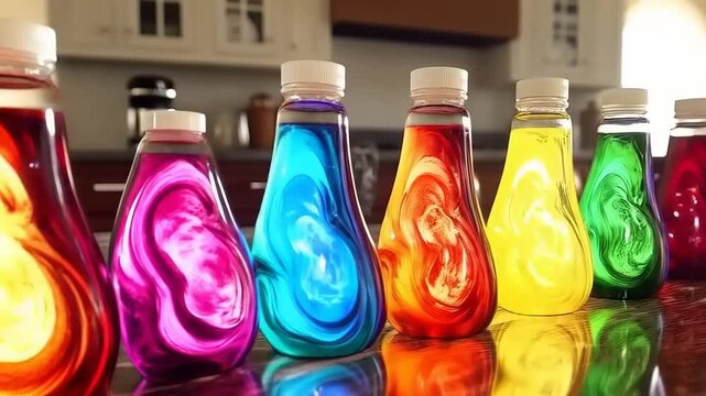 Vibrant Rainbow Colored Liquids in Bottles