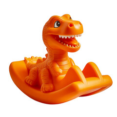 A bright orange, smiling toy dinosaur with detailed features, sitting on a curved base designed for rocking motion. Png, Transparent background.