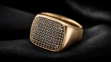 Gold ring with black diamond pave setting.