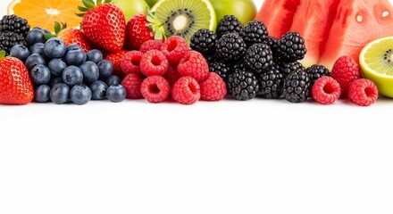 Vibrant collection of fresh fruits including berries, cherries, and sliced kiwi on a clean background.
