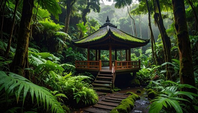 Idyllic pavilion nestled amidst the vibrant foliage of a lush tropical rainforest