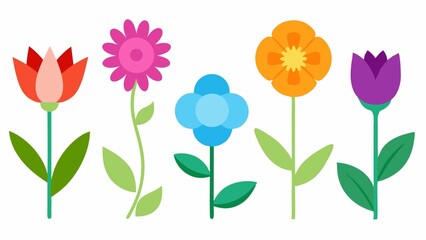 Collection of Five Colorful Simple Graphic Flowers on White Background