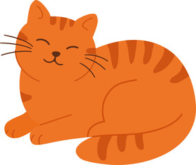 Orange tabby cat sleeping with closed eyes, squinting and smiling. Happy pet. Cute pet illustration for children's books, greeting card.