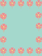 A cheerful teal background adorned with a repetitive pattern of vibrant pink and yellow pinwheel illustrations, creating a fun frame with ample copy space
