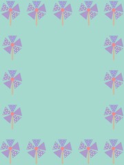A cheerful teal background adorned with a repetitive pattern of vibrant purple and pink pinwheel illustrations, creating a fun frame with ample copy space
