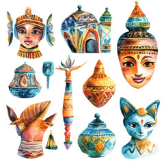 Cultural Symbols, watercolor clipart vector, isolated on a white background.