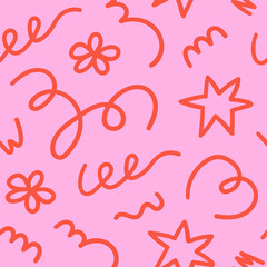 Seamless pattern of cute kids elements. Hand drawn fun childish print. Red and pink colors. Vector line illustration