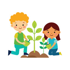 boy and girl watering plant