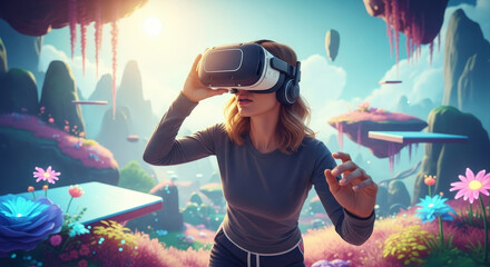 Woman Wearing Virtual Reality Headset in Pixelated Fantasy Landscape with Flowers and Floating Islands
