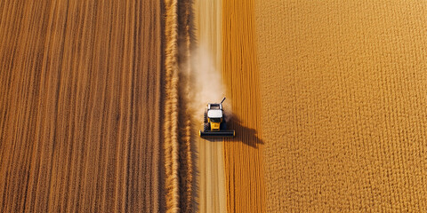 Ein goldenes Weizenfeld wurde aus der Vogelperspektive fotografiert. Ein M&auml;hdrescher m&auml;ht das Feld entlang 