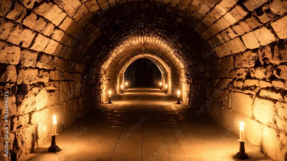 Poster ancient stone tunnel illuminated by flickering candlelight, creating mysterious atmosphere