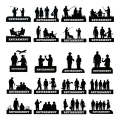 Collection of black silhouette retirees enjoying activities like golfing, fishing, and relaxing, evoking a feeling of leisure and carefree retirement suitable for lifestyle marketing.