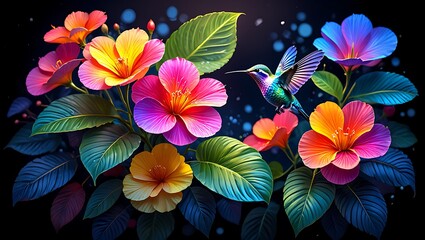 Vibrant Hummingbird and Rainbow Hibiscus Flowers A Tropical Dream