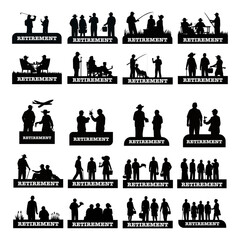 Collection of black silhouette retirees enjoying activities like golfing, fishing, and relaxing, evoking a feeling of leisure and carefree retirement suitable for lifestyle marketing.